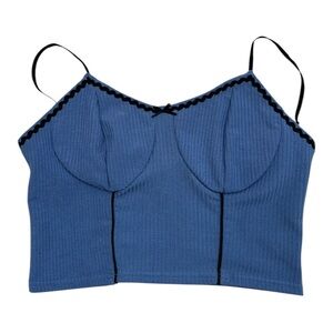 Romwe Blue Ribbed Crop Tank Top L